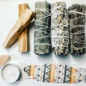 Herbal Smudge Kit ~ Sage, Lavender, Eucalyptus, Palo Santo, Salt & Feather