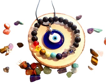 Set regalo con collana anti-malocchio e bracciale in lava per chakra / Gioielli spirituali