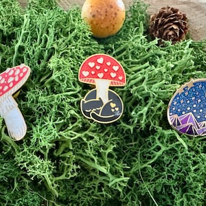 Mushroom & Moon Enamel Pin Set – Cottagecore Nature Lover Trio | Witchy Lapel Pins
