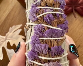 Sage Smudge Stick with Purple Statice | Handmade Cleansing Wand