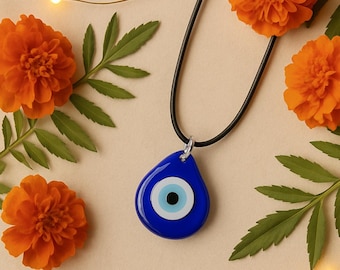 Teardrop Evil Eye Protection Necklace | Blue Glass Pendant Amulet | Adjustable Spiritual Jewelry