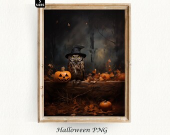 Halloween Print Owl Painting Spooky Season Halloween Cat Vintage Halloween Poster Ghost Decor Halloween Painting Digital Download
