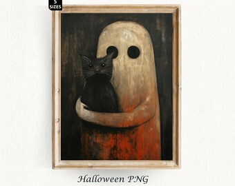 Halloween Poster Ghost Painting Spooky Season Halloween Cat Print Vintage Halloween Painting Ghost Halloween Decor Digital Download