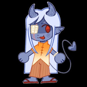 May include: A cartoon illustration of a blue-skinned demon-like character with long white hair and red eyes. The character wears an orange top and brown pants. A heart-shaped tail and small horns are also visible.