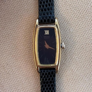 Vintage Seiko Watch SZZ280 • Rectangular Black Dial • Gold Tone Case • Black and Gold Seiko Watch • Rectangular Face • Vintage Dress Watch