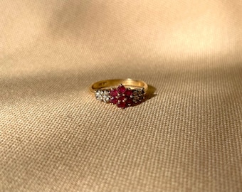 Vintage 14k Gold Ruby Flower Ring with Diamond Accent