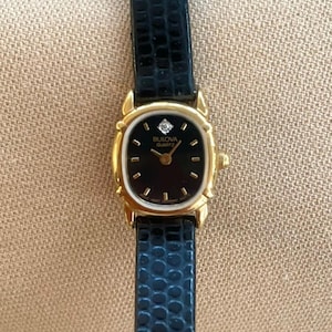 Vintage Bulova Black Gold Watch • Quartz Movement • Diamond Crystal • Black Leather Strap • Classic Bulova Timepiece • Women’s Vintage Watch
