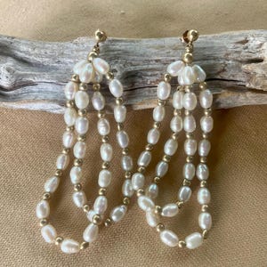14k Gold Seed Pearl Strand Earrings • Vintage Pearl Statement Earrings • Long Dangle Earrings with Gold Beads
