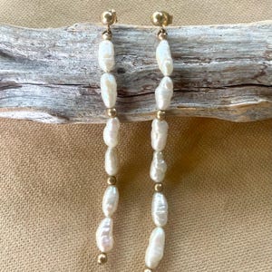 14k Gold Long Pearl Dangle Earrings • Elegant Pearl Earrings • Vintage Drop Earrings with Gold Accents