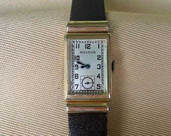 Vintage Bulova Rectangular Watch • Blue Hands • White Dial • Sub-Seconds • Brown Calf Strap