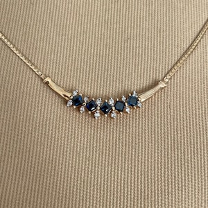 Vintage 14k Gold Sapphire & Diamond Necklace • Italian Wishbone Chain • Blue Sapphire Pendant with Diamonds