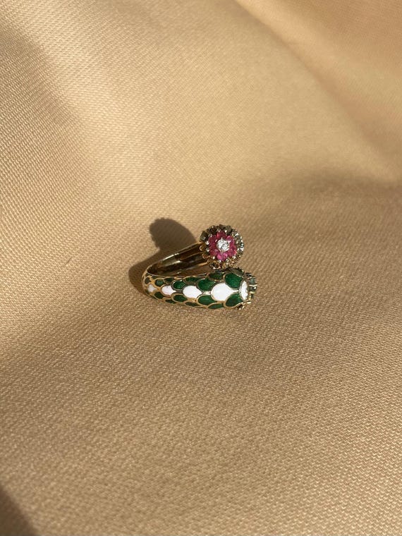 Emerald and Ruby 14k Gold Ring with Enamel • Vint… - image 4