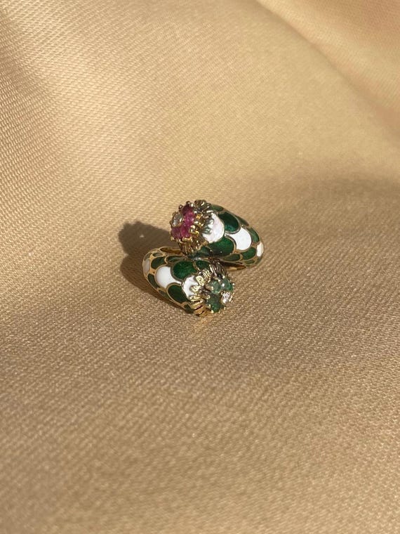 Emerald and Ruby 14k Gold Ring with Enamel • Vint… - image 1