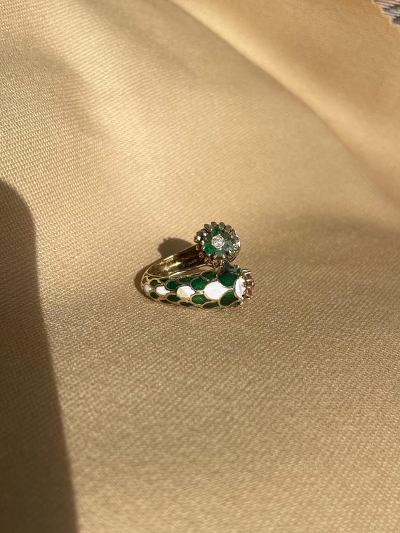 Emerald and Ruby 14k Gold Ring with Enamel • Vint… - image 3