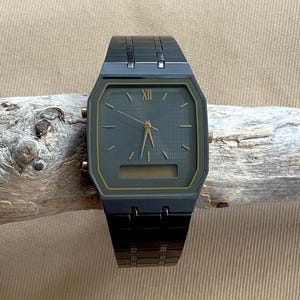 Vintage Seiko Watch · Digital Analog Quartz · Gray Square Dual Time · SBJ041 Chronograph Alarm · 80s Men&#39;s Mod Style