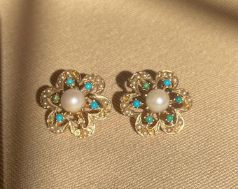 Vintage 14k Gold Pearl Turquoise Flower Stud Earrings