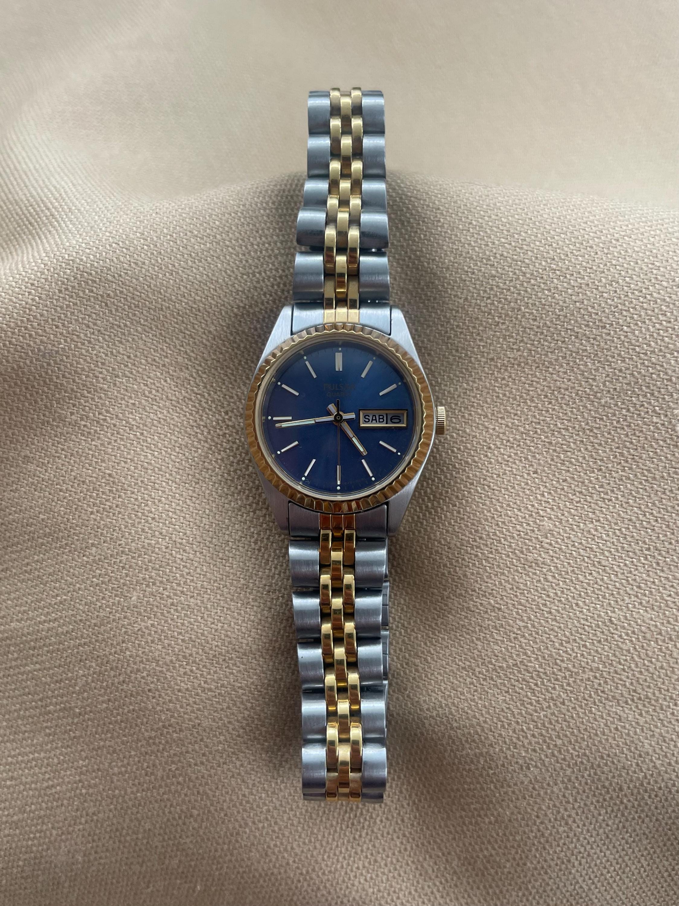 Womens Pulsar By Seiko Date Watch VX82-X301 Silver Tone Blue Dial New Battery Vintage Pulsar Two Tone Quartz Date Women main image 2
