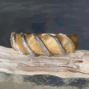 14k Gold Diamond Bangle Bracelet • Estate Diamond Wrapped 14k Gold Bracelet  • Mid Century Style • Statement Jewelry