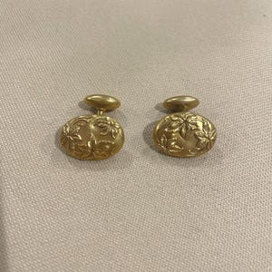 14k Gold Floral Cufflinks • Vintage Oval Cuff Links • Solid Gold Cuff Links • Gift for Him