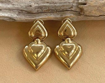 14k Gold Double Hearts Statement Earrings • Bold Vintage Gold Earrings • Puffy Yellow Gold Hearts