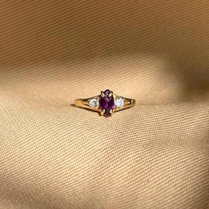14k Gold Marquise Amethyst and Diamonds Ring • Unique Amethyst and Gold Ring • Vintage Purple Gemstone