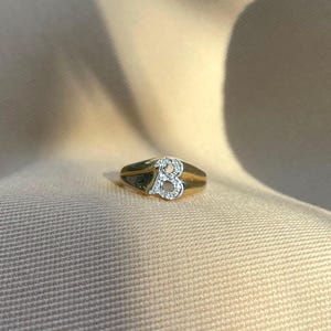 14k Gold “B” Initial Diamond Ring • Vintage Yellow Gold Monogram Ring • Single Cut Diamond Statement Ring