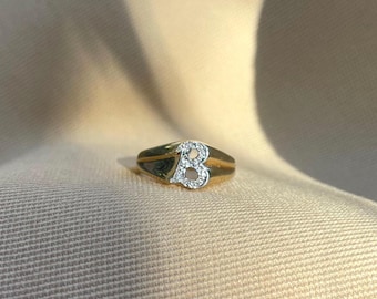 14k Gold “B” Initial Diamond Ring • Vintage Yellow Gold Monogram Ring • Single Cut Diamond Statement Ring
