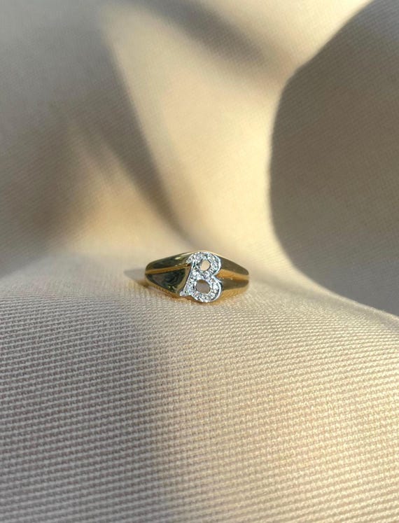 14k Gold “B” Initial Diamond Ring • Vintage Yello… - image 1