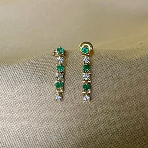 14k gouden smaragd en diamanten hangoorbellen • Vintage hangoorbellen