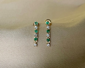 14k Gold Emerald and Diamond Dangle Earrings • Vintage Drop Earrings