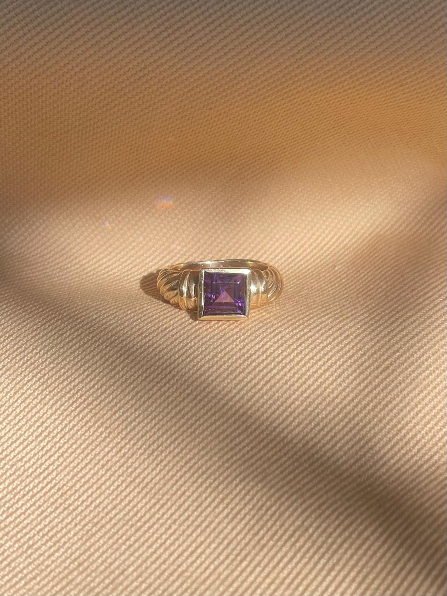 14k Yellow Gold Square Amethyst Ring • Vintage Ribbed Band • Fine Purple Amethyst • Square Amethyst on 14k Gold Ribbed Ring