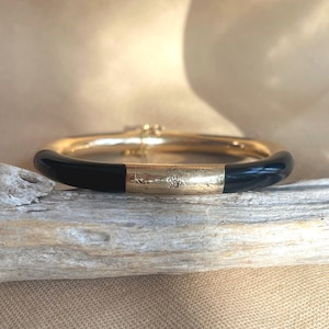 14k Gold & Black Enamel Bracelet • Vintage Etched Bangle • 14k Etched Gold Bracelet