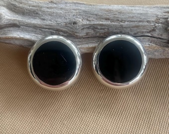 Vintage Sterling Silver Black Onyx Clip On Earrings
