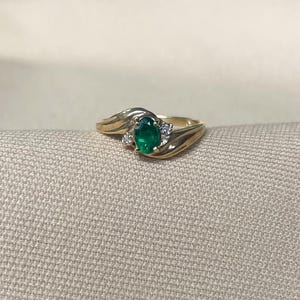 14k Gold Oval Emerald Ring • Vintage Emerald Ring • Diamond Accent Gemstone Ring
