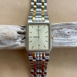 Vintage Seiko Watch · Square Gold & Silver Tone · Dark Champagne Dial · Quartz Day Display · Water Resistant Japan Made