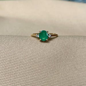 14k Gold Emerald Ring • Vintage Emerald Ring • Diamond Accent Vintage Ring