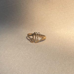 May include: A gold-toned ring featuring a central decorative element formed by the intertwined cursive letters N and J. The band is smooth and tapers toward the back, with the metallic surface reflecting light to create highlights and shadows.