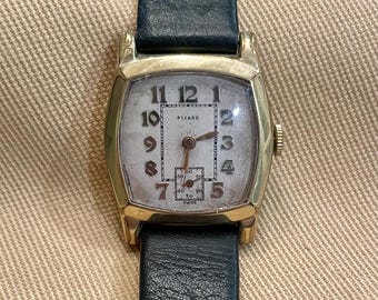 Vintage Picard Men’s Watch • Rectangular Face • Swiss Movement • Sub-Seconds • Gold Numerals • Black Leather Strap