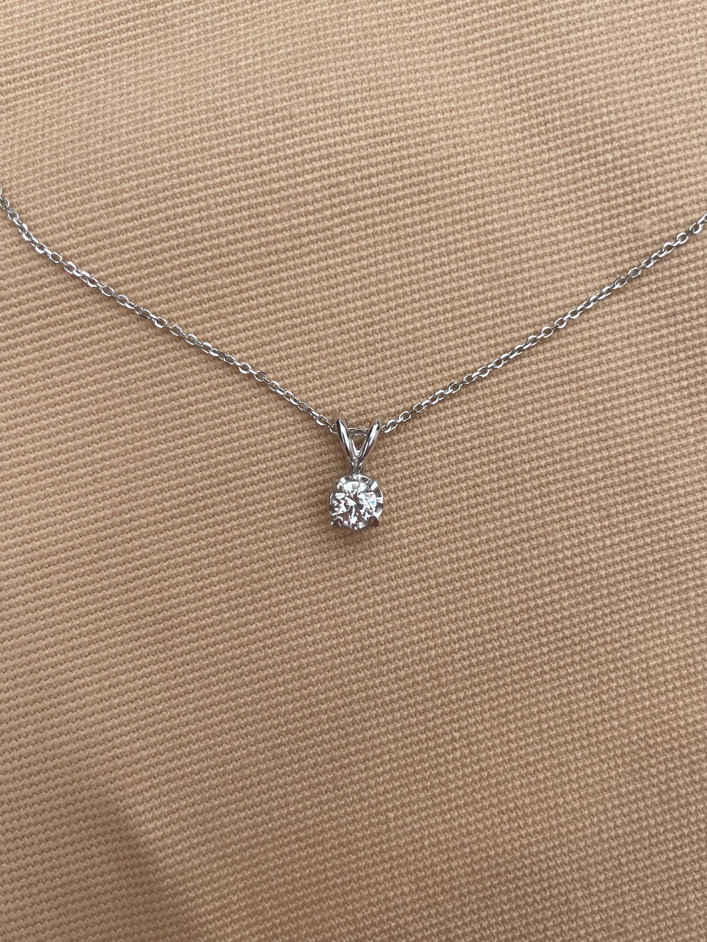 14k White Gold Diamond Pendant Necklace • Round Cut Diamond • Diamond Solitaire Necklace • Cable Chain • White Gold Necklace with Diamond
