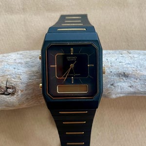 Vintage Seiko Watch • Black & Gold Digital Analog • Rare Square Case Seiko Quartz SBJ067