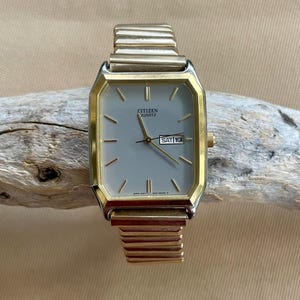 Vintage Citizen Watch • Square Gold Quartz • Iridescent Gray Dial with Stretch Band & Date Display