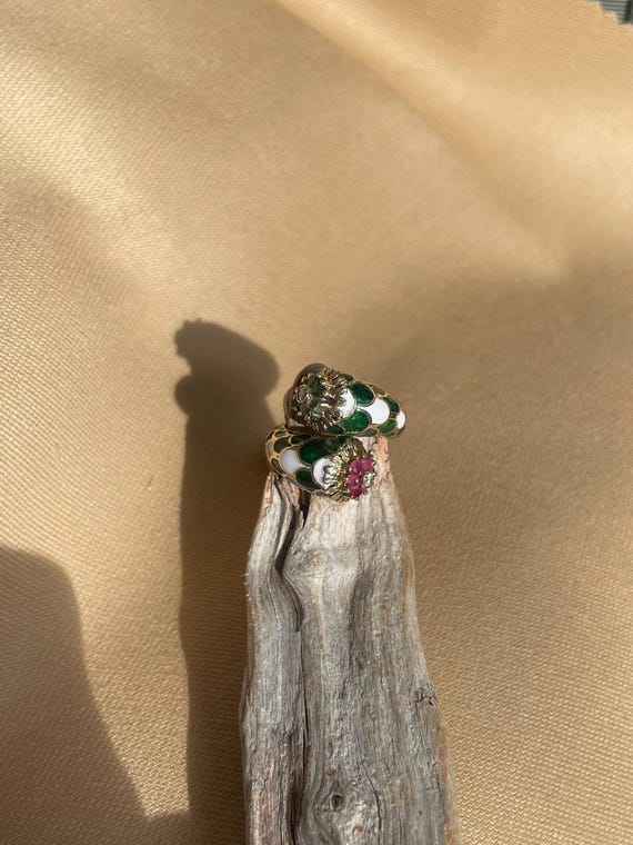 Emerald and Ruby 14k Gold Ring with Enamel • Vint… - image 5