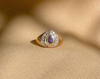 Vintage 14k Yellow Gold Pear Amethyst Ring with Diamond Halo
