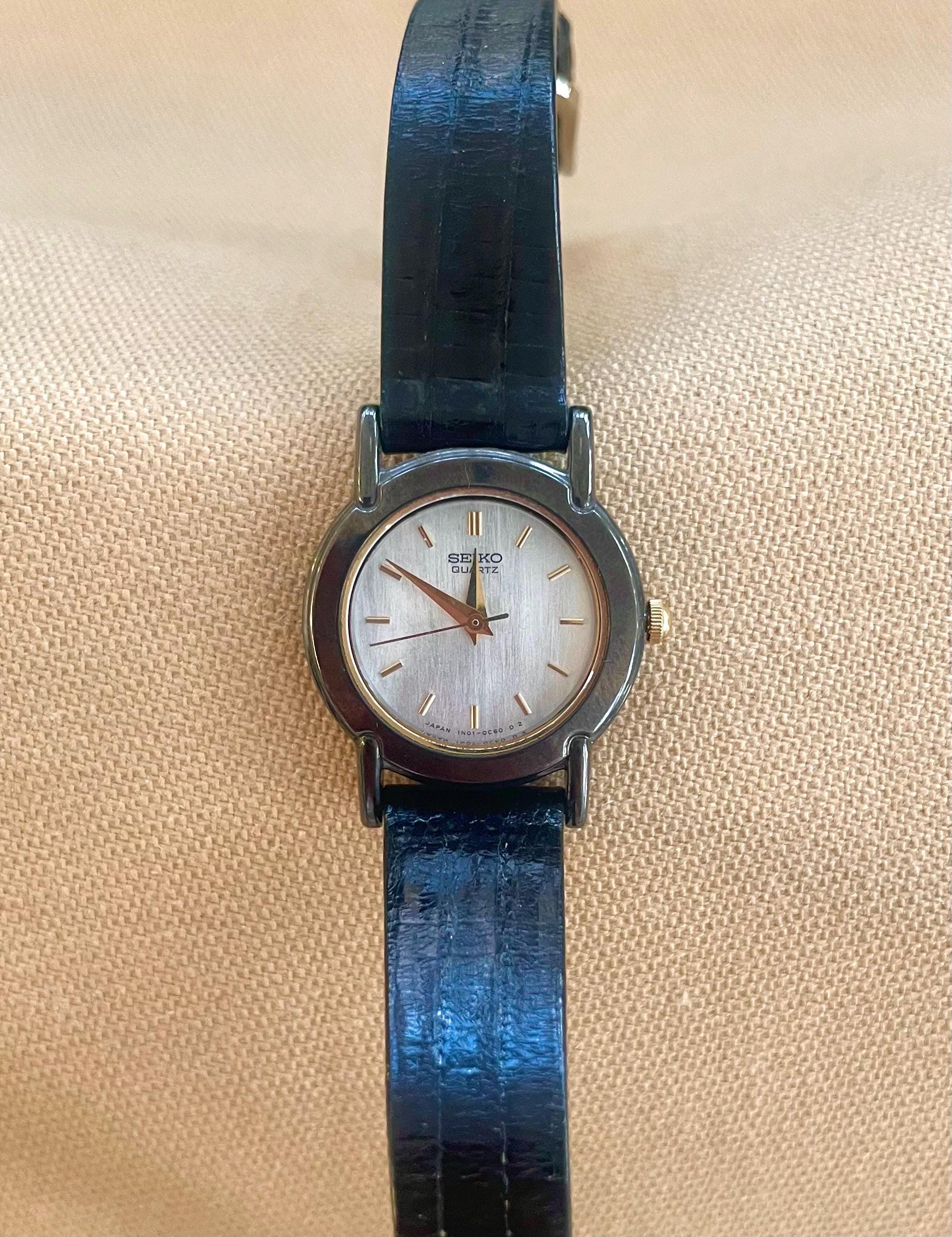 Rare Vintage Seiko Black Gold Tone Petite Womens Watch New Battery Lizard Strap ????? ?????? ??????? ????, ????  main image 4