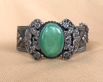 Brazalete vintage de plata de ley con ónix verde • Pulsera llamativa
