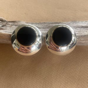 Sterling Silver Black Onyx Circle Clip On Earrings • Vintage Black Onyx and Silver • Retro Elegant Earrings