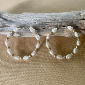 14k Gold Seed Pearl Hoop Earrings • Vintage Gold Beaded Hoops with Pearls • Classic Pearl Earrings