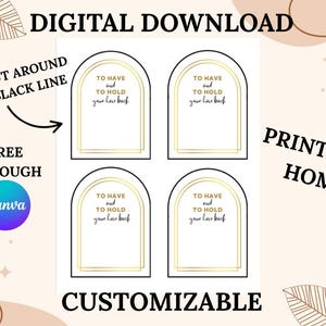 May include: Digital download featuring four customizable templates with gold trim and the text "TO HAVE and TO HOLD your hair back." The image includes the text "DIGITAL DOWNLOAD," "PRINT FROM HOME!," and "FREE THROUGH Canva."