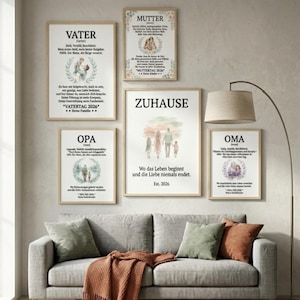May include: A collection of framed family-themed art prints displayed on a wall above a gray sofa. The prints feature text in German, including "Vater," "Mutter," "Opa," "Oma," and "Zuhause," with illustrations and dates. A floor lamp and rug complete the room.