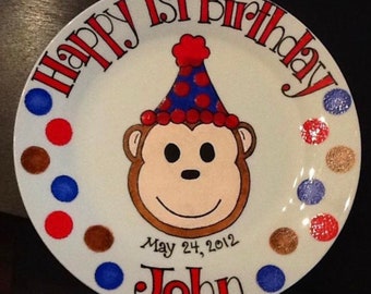 Happy Birthday Plate!! Hand Painted, Personalized Boy Sock Monkey !! Perfect for First Birthday, Baby Gift!! FREE SHIPPING!!